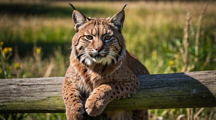 Relaxed red bobcat lounges elegantly on a sturdy wooden fence in a serene natural setting surrounded by lush greenery and vibrant wildflowers