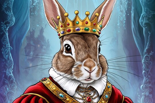 Whimsical Fantasy Illustration of a Regal Rabbit Adorned with a Crown of Jewels