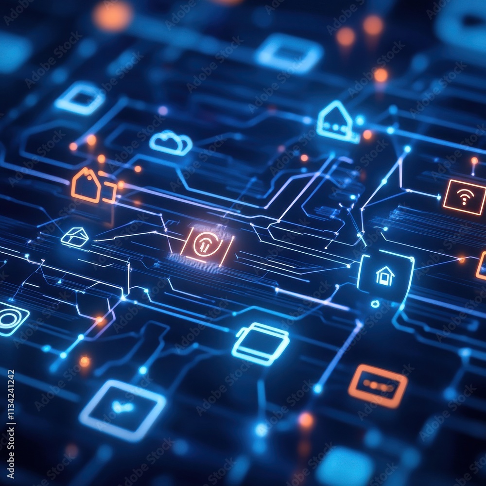 Poster abstract digital technology background with neon icons representing smart home devices, cloud servic