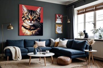 Cozy Scandinavian Lounge Decor Featuring Playful Cat Art