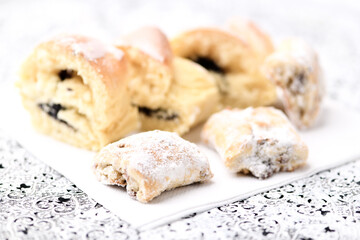 Stollen Bites on bright background. Soft focus. Close up. Copy space.