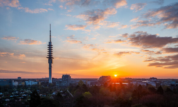 Sunrise aerial view of Telemax, the tallest building in Hanover
