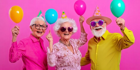 Joyful seniors celebrating with colorful balloons and party hats against a vibrant backdrop.