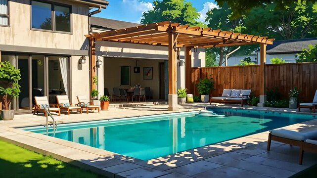 Video footage of modern backyard with a swimming pool, wooden pergola, lounge chairs, and lush greenery, creating a relaxing outdoor space