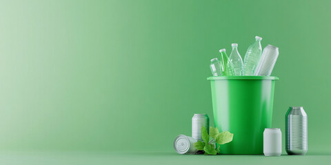 clean 3D rendering of green recycling bin filled with plastic bottles and aluminum cans, symbolizing eco friendliness and sustainability