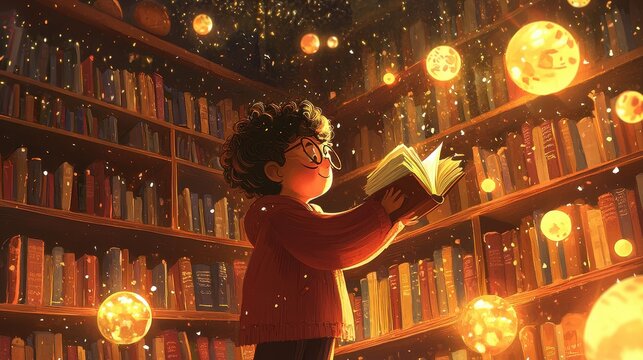 A magical library where cartoon books fly off shelves, and characters step out of pages. A curious child with glasses explores the shelves, amazed by the glowing orbs and floating scrolls around 