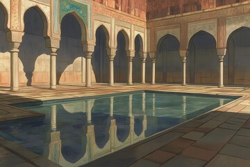 Naklejka premium Serene Mosque Courtyard with Pool in Afternoon Sunlight