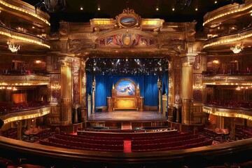 Obraz premium Stunning Interior of a Historic Theater with Elaborate Decor and Vibrant Stage Design, Showcasing a Grand Performance Space and Rich Artistic Details