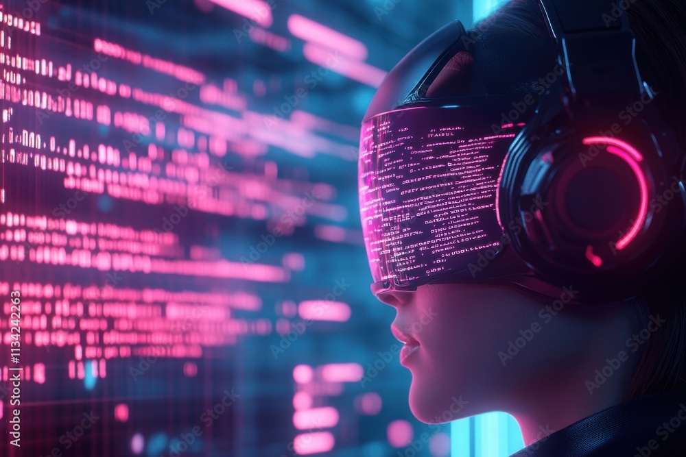 Poster futuristic female with virtual reality headset surrounded by neon-coded data streams, representing t