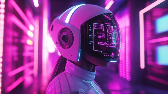 A purely creative futuristic individual. Portrait of a cyberpunk explorer with a glowing helmet and virtual interface projected around them, standing in a high-tech virtual reality realm. 