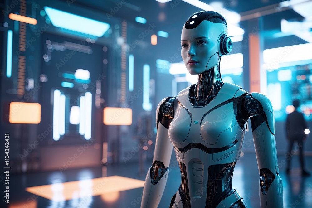 Poster advanced android design in a high-tech digital landscape with futuristic aesthetics