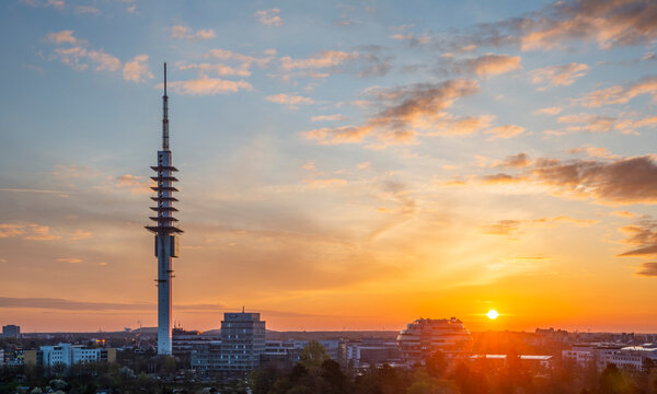 Sunrise aerial view of Telemax, the tallest building in Hanover