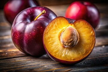 Fototapeta premium High-resolution close-up of a halved organic Zwetschge plum. Studio-shot fruit photography, showcasing rich detail.