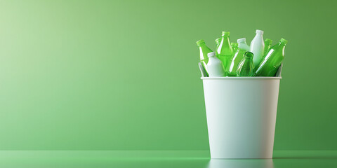 sleek 3D rendering of open recycling bin filled with green glass bottles, showcasing eco friendly practices and sustainability. vibrant green background enhances theme of recycling
