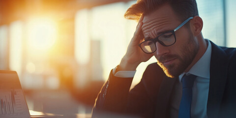 stressed businessman rubbing his forehead while reviewing financial data in office during sunset. warm light creates reflective atmosphere