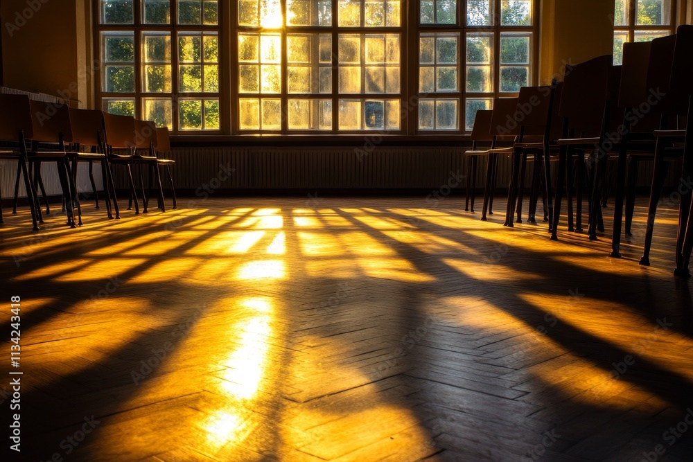 Aufkleber sunlight casting patterns on floor in empty room with chairs, warm glow illuminating interior space 