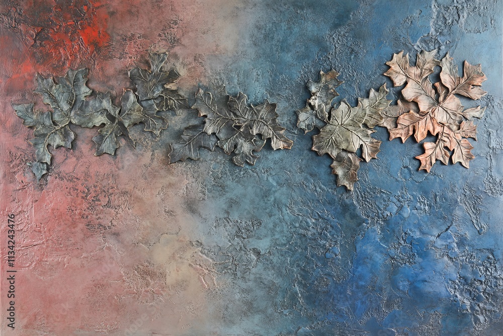 Aufkleber subtle artistic representation of textured leaves on a colorful abstract background with shades of r