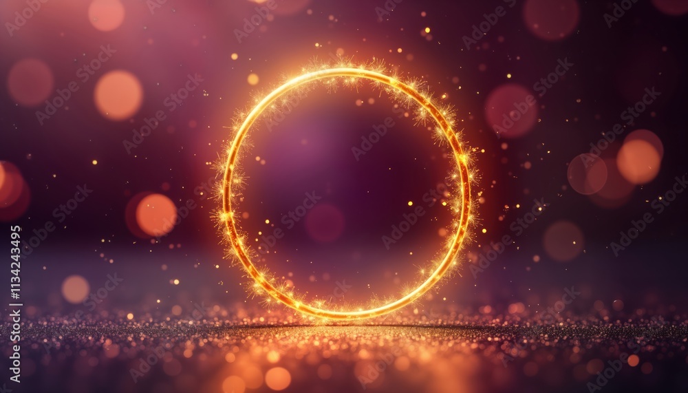 Poster golden sparkling circle bokeh background. abstract design. shiny glittery effect. purple brown tones