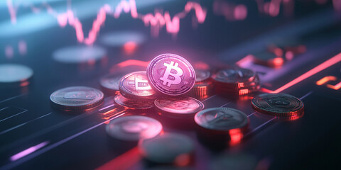 Bitcoin coins stacked on digital trading platform, glowing with vibrant colors, symbolize economic growth and investment opportunities in cryptocurrency markets