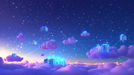 Fototapeta premium Futuristic cityscape hovering above clouds connected by glowing network lines at sunrise.