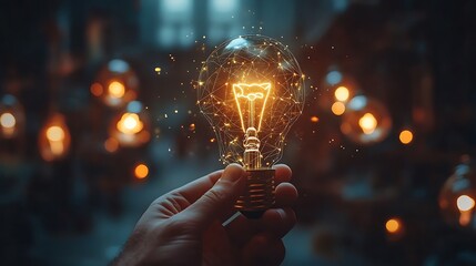 Hand holding a light bulb with digital network