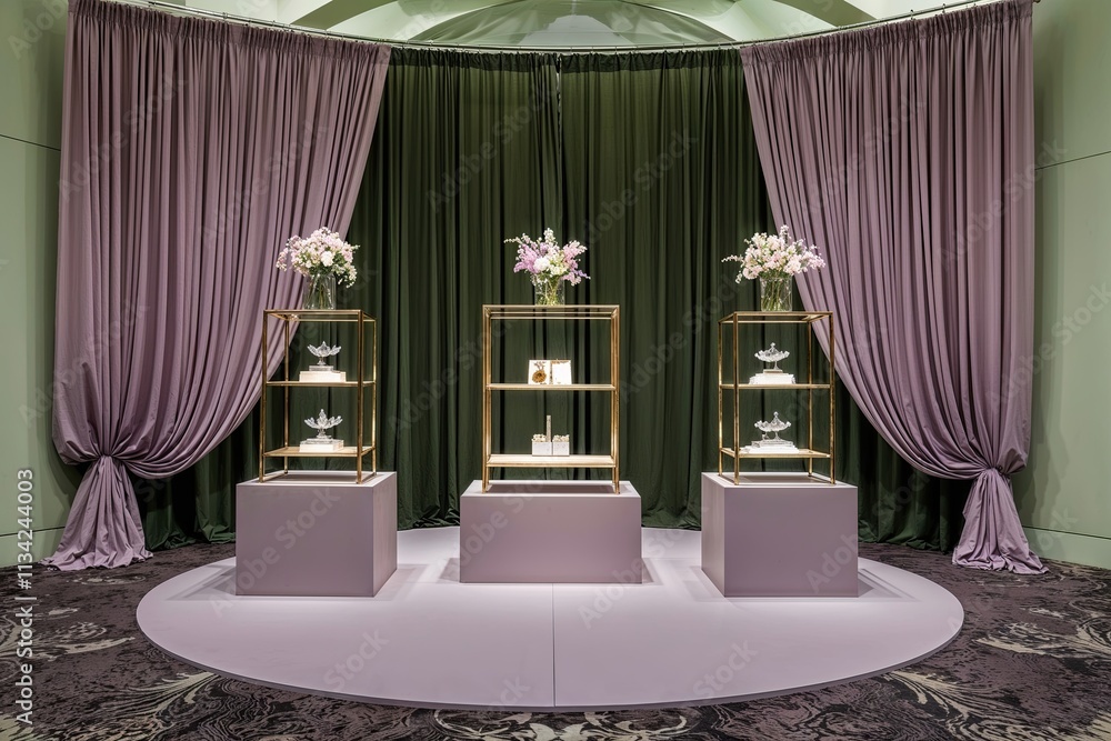 Poster Elegant 3D Display Platform with Soft Green Background and Flowing Lavender Chiffon Curtain
