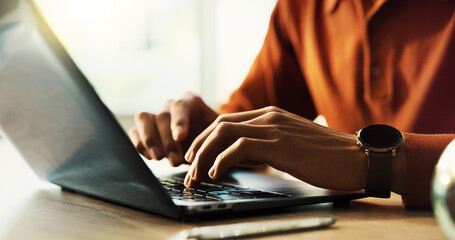 Remote work, research and laptop with hands of person in home office for typing, networking and email. Newsletter, online and copywriting with closeup of freelancer in apartment for writer and blog