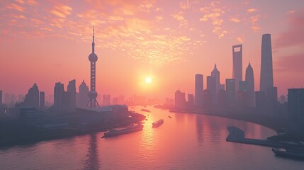 Naklejka premium Shanghai Skyline at Sunset in 16K Resolution: Ultra Photorealistic View