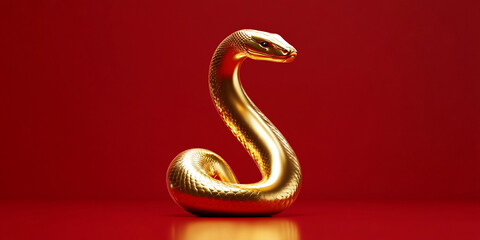 minimalistic 3D depiction of golden snake against red background, showcasing its elegant curves and shiny texture, evokes sense of luxury and sophistication