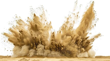 Naklejka premium Sand flying, explosion on white background, creating a dynamic and intense scene. The swirling sand and the powerful burst of the explosion make for a visually striking and chaotic moment.