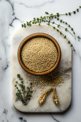 Flat-Lay of Foxtail Millet Grains on Marble Board with Wooden Bowl and Fresh Herbs