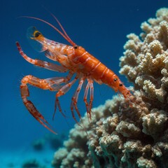 A stunning coral reef shrimp on a clear blue background.