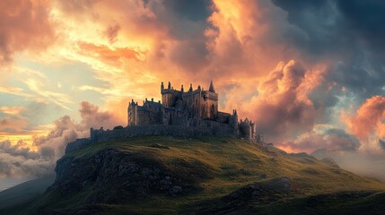 Obraz premium Majestic castle perched atop a hill, dramatic sunset sky.