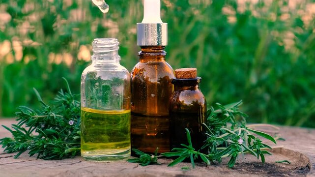 Thyme extract in a bottle. Selective focus.