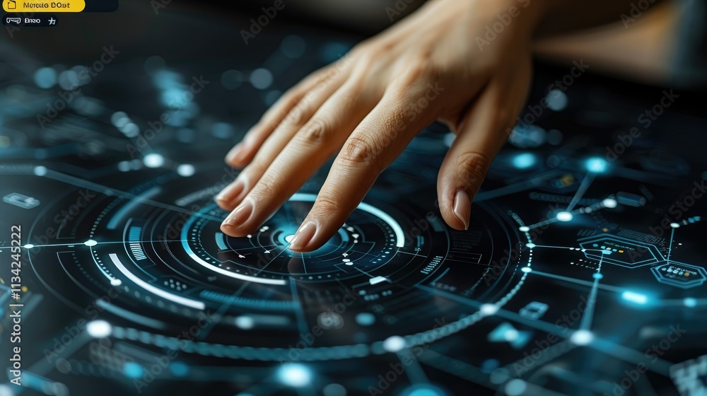 Poster a hand interacts with a digital interface featuring futuristic technology and data visualization.