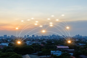 Urban Connectivity Concept with Digital Network Illustrating Communication Links between City Buildings at Sunset Over Skyline
