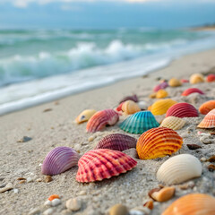 Obraz premium A macro shot of colorful seashells, showcasing intricate patterns and vibrant hues.