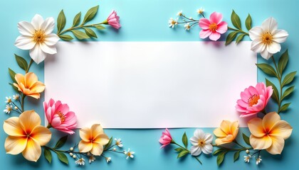 Colorful flowers decorate white banner. Pretty blossoms, leaves arranged artistically around empty space. Great for spring summer themes. Use for beautiful greeting card invitation. Floral design