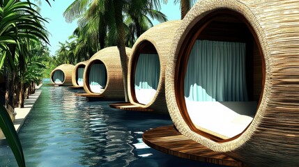 Tropical resort featuring unique circular accommodations by a serene waterway.