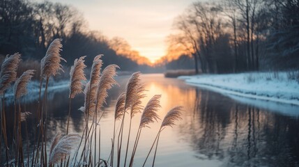 Obraz premium Serene winter landscape with reeds by a calm river at sunset.