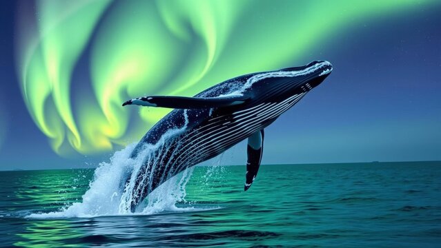 Leap of Joy: Humpback Whale Breaching Under Northern Lights, Perfect for Wall Art, Home Decor, and Nature Enthusiasts