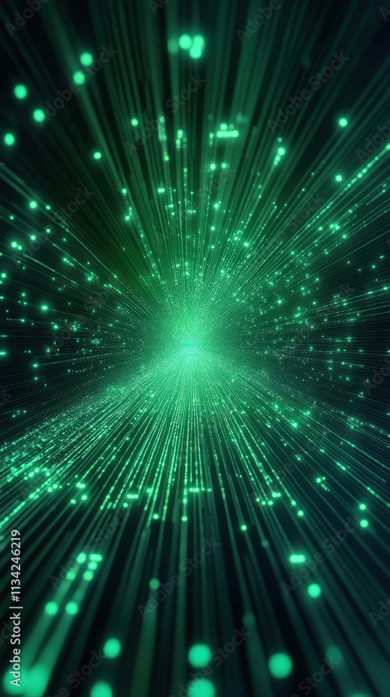 Poster futuristic digital background with green light rays and particles creating an abstract space scene f