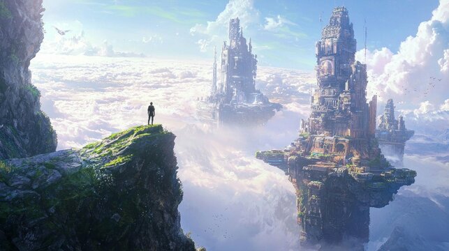 Time Traveler's Dilemma - Explorer Witnessing Colliding Eras on Mountain Top | Stunning Ray Tracing Concept Artwork with Ancient Ruins and High-Tech Structures | Ultra-Detailed, Cinematic Light