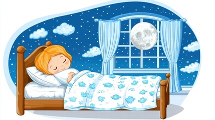 Peaceful Child Sleeping in Cozy Bedroom Under Starry Night Sky