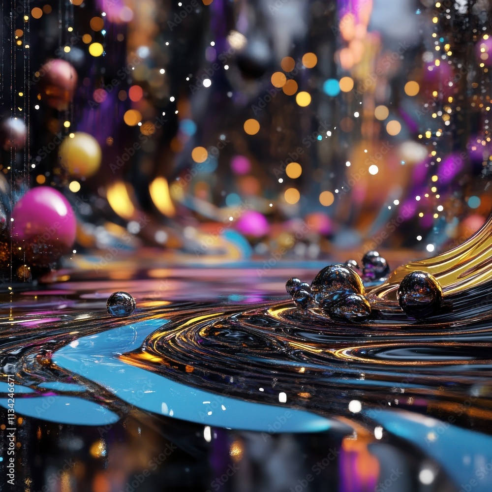 Poster abstract colorful composition with flowing liquids, vibrant spheres, and shimmering reflections in a
