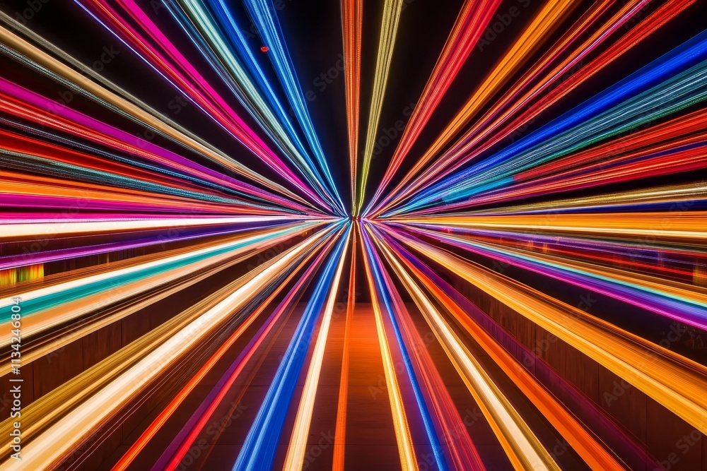Poster vibrant burst of colorful light trails creating a dynamic motion effect against a dark background fo