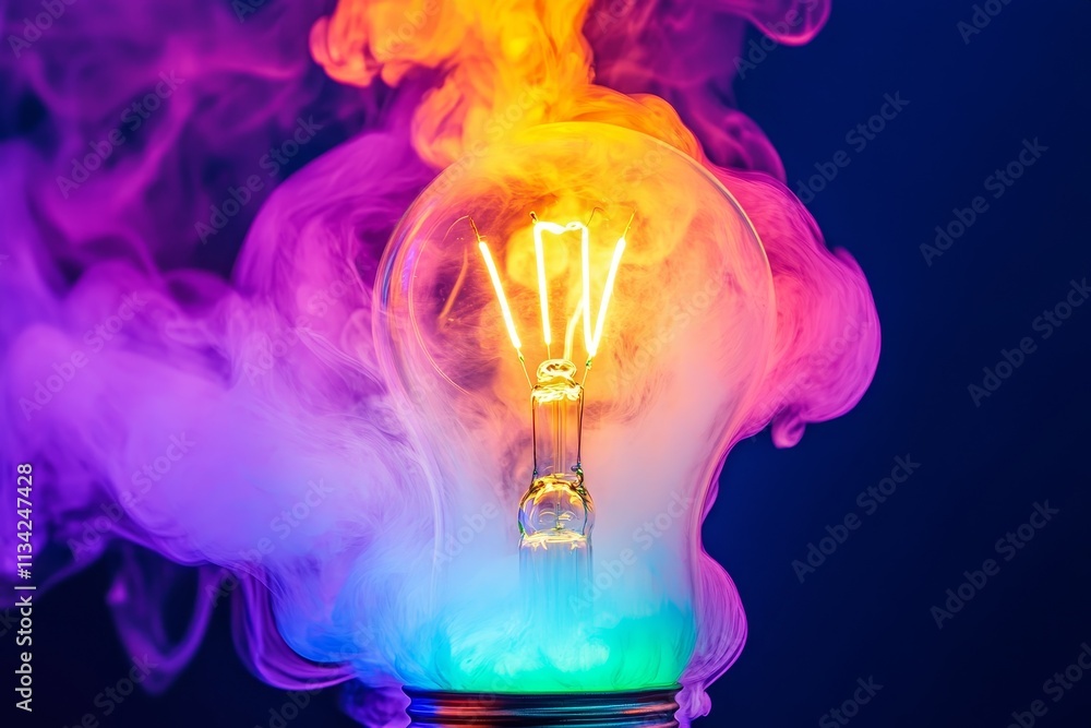 Poster vibrant light bulb surrounded by colorful smoke creating a captivating visual display of innovation,