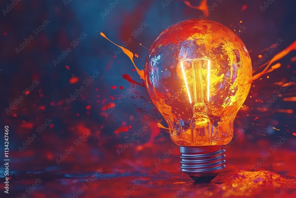Poster vibrant light bulb surrounded by colorful paint splashes, creating an eye-catching visual display of