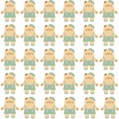 This seamless pattern features adorable cartoon bears with a minimalist design. The bears are beige, dressed in light green outfits with matching berets, creating a playful and cheerful vibe. 