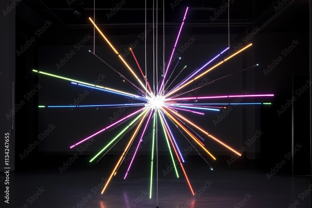 Aufkleber vibrant neon light installation creating colorful patterns in a dark space, representing modern art 